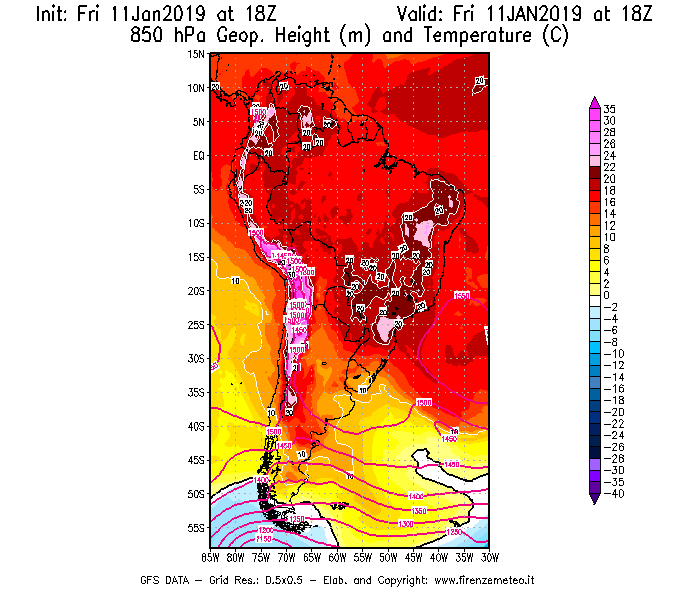 Mappa di analisi GFS - Geopotenziale [m] e Temperatura [°C] a 850 hPa in Sud-America
									del 11/01/2019 18 <!--googleoff: index-->UTC<!--googleon: index-->
