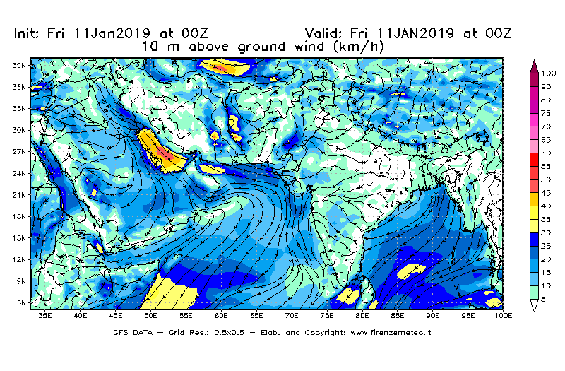 Mappa di analisi GFS - Velocità del vento a 10 metri dal suolo [km/h] in Asia Sud-Occidentale
									del 11/01/2019 00 <!--googleoff: index-->UTC<!--googleon: index-->