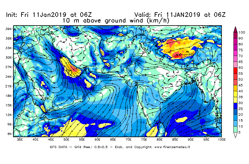 Mappa di analisi GFS - Velocità del vento a 10 metri dal suolo [km/h] in Asia Sud-Occidentale
									del 11/01/2019 06 <!--googleoff: index-->UTC<!--googleon: index-->