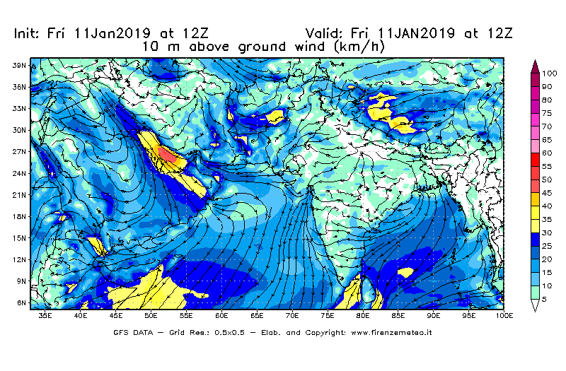 Mappa di analisi GFS - Velocità del vento a 10 metri dal suolo [km/h] in Asia Sud-Occidentale
							del 11/01/2019 12 <!--googleoff: index-->UTC<!--googleon: index-->