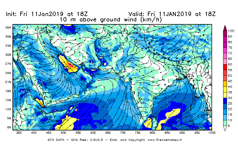 Mappa di analisi GFS - Velocità del vento a 10 metri dal suolo [km/h] in Asia Sud-Occidentale
									del 11/01/2019 18 <!--googleoff: index-->UTC<!--googleon: index-->