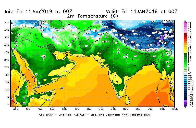 Mappa di analisi GFS - Temperatura a 2 metri dal suolo [°C] in Asia Sud-Occidentale
							del 11/01/2019 00 <!--googleoff: index-->UTC<!--googleon: index-->