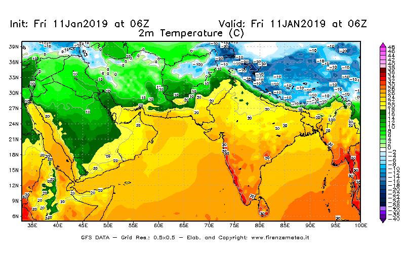 Mappa di analisi GFS - Temperatura a 2 metri dal suolo [°C] in Asia Sud-Occidentale
									del 11/01/2019 06 <!--googleoff: index-->UTC<!--googleon: index-->