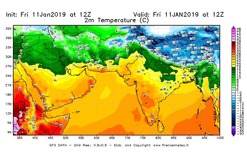 Mappa di analisi GFS - Temperatura a 2 metri dal suolo [°C] in Asia Sud-Occidentale
									del 11/01/2019 12 <!--googleoff: index-->UTC<!--googleon: index-->