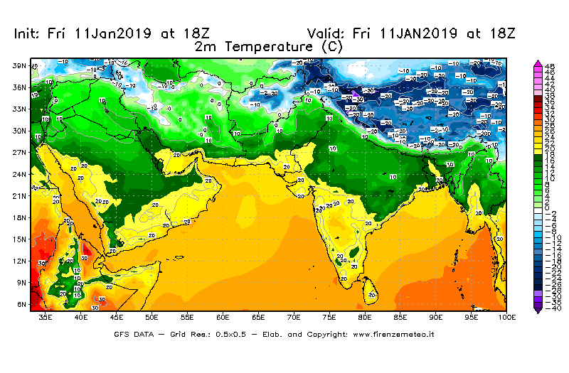 Mappa di analisi GFS - Temperatura a 2 metri dal suolo [°C] in Asia Sud-Occidentale
							del 11/01/2019 18 <!--googleoff: index-->UTC<!--googleon: index-->