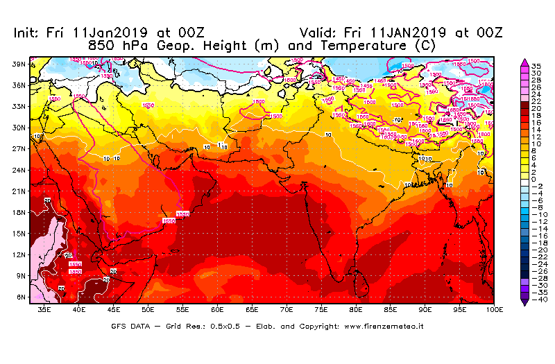 Mappa di analisi GFS - Geopotenziale [m] e Temperatura [°C] a 850 hPa in Asia Sud-Occidentale
									del 11/01/2019 00 <!--googleoff: index-->UTC<!--googleon: index-->