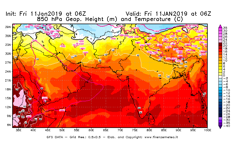 Mappa di analisi GFS - Geopotenziale [m] e Temperatura [°C] a 850 hPa in Asia Sud-Occidentale
							del 11/01/2019 06 <!--googleoff: index-->UTC<!--googleon: index-->