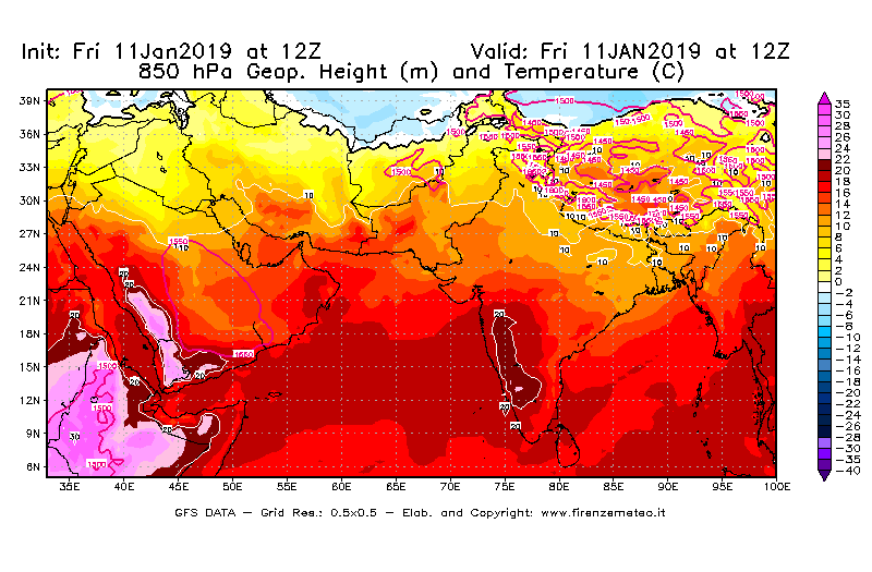 Mappa di analisi GFS - Geopotenziale [m] e Temperatura [°C] a 850 hPa in Asia Sud-Occidentale
									del 11/01/2019 12 <!--googleoff: index-->UTC<!--googleon: index-->