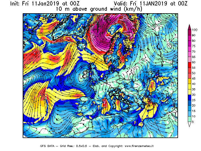 Mappa di analisi GFS - Velocità del vento a 10 metri dal suolo [km/h] in Europa
									del 11/01/2019 00 <!--googleoff: index-->UTC<!--googleon: index-->