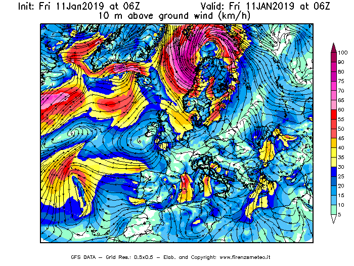 Mappa di analisi GFS - Velocità del vento a 10 metri dal suolo [km/h] in Europa
									del 11/01/2019 06 <!--googleoff: index-->UTC<!--googleon: index-->