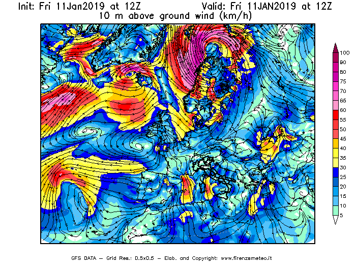 Mappa di analisi GFS - Velocità del vento a 10 metri dal suolo [km/h] in Europa
							del 11/01/2019 12 <!--googleoff: index-->UTC<!--googleon: index-->