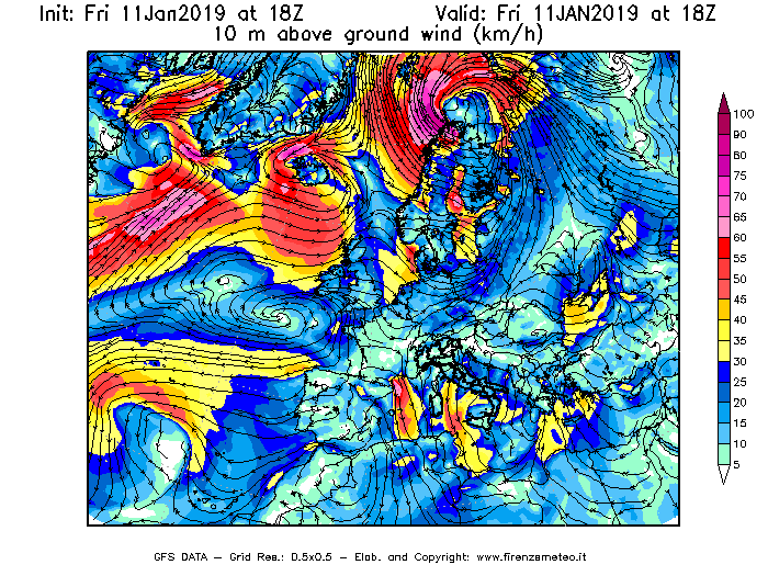 Mappa di analisi GFS - Velocità del vento a 10 metri dal suolo [km/h] in Europa
									del 11/01/2019 18 <!--googleoff: index-->UTC<!--googleon: index-->