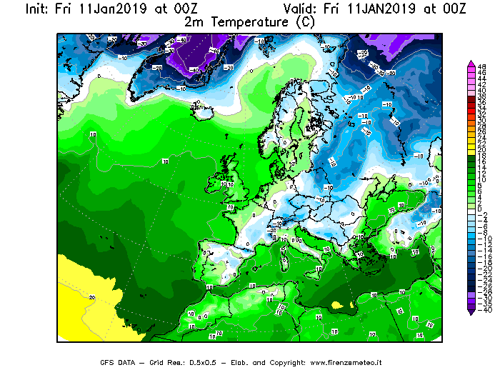 Mappa di analisi GFS - Temperatura a 2 metri dal suolo [°C] in Europa
							del 11/01/2019 00 <!--googleoff: index-->UTC<!--googleon: index-->