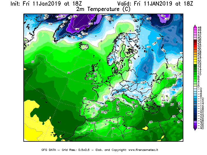 Mappa di analisi GFS - Temperatura a 2 metri dal suolo [°C] in Europa
							del 11/01/2019 18 <!--googleoff: index-->UTC<!--googleon: index-->