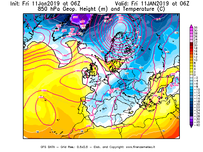 Mappa di analisi GFS - Geopotenziale [m] e Temperatura [°C] a 850 hPa in Europa
							del 11/01/2019 06 <!--googleoff: index-->UTC<!--googleon: index-->