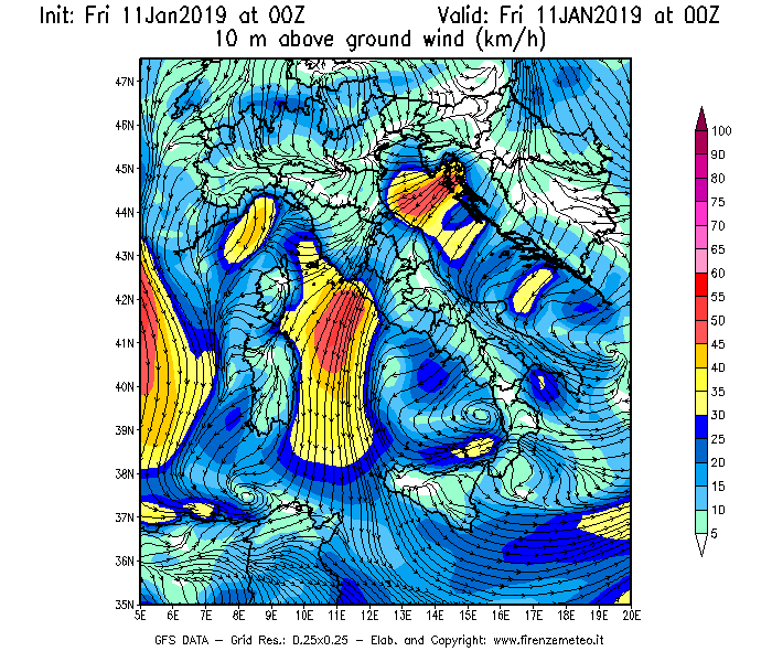 Mappa di analisi GFS - Velocità del vento a 10 metri dal suolo [km/h] in Italia
									del 11/01/2019 00 <!--googleoff: index-->UTC<!--googleon: index-->