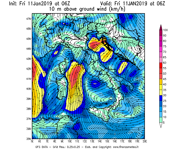 Mappa di analisi GFS - Velocità del vento a 10 metri dal suolo [km/h] in Italia
							del 11/01/2019 06 <!--googleoff: index-->UTC<!--googleon: index-->