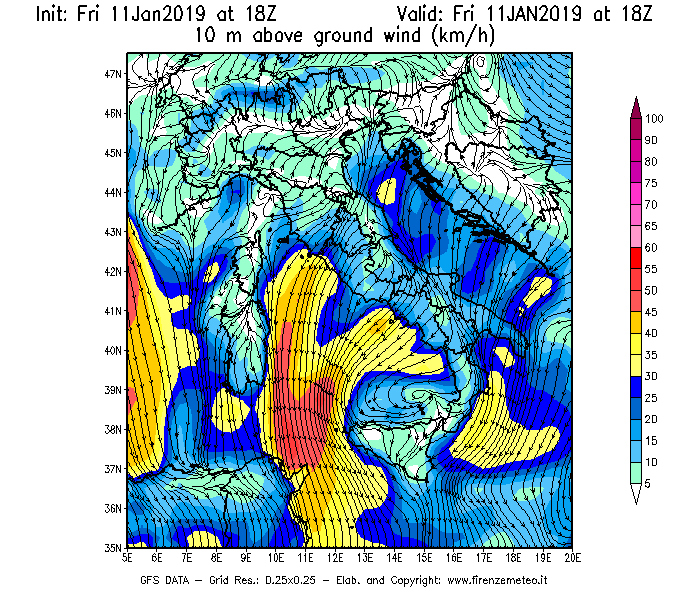 Mappa di analisi GFS - Velocità del vento a 10 metri dal suolo [km/h] in Italia
							del 11/01/2019 18 <!--googleoff: index-->UTC<!--googleon: index-->