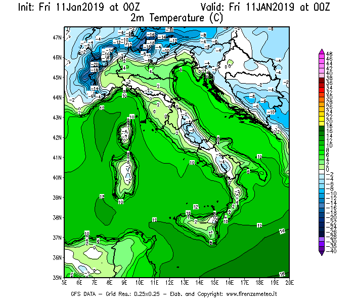 Mappa di analisi GFS - Temperatura a 2 metri dal suolo [°C] in Italia
									del 11/01/2019 00 <!--googleoff: index-->UTC<!--googleon: index-->