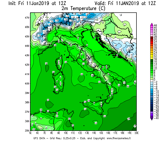 Mappa di analisi GFS - Temperatura a 2 metri dal suolo [°C] in Italia
									del 11/01/2019 12 <!--googleoff: index-->UTC<!--googleon: index-->