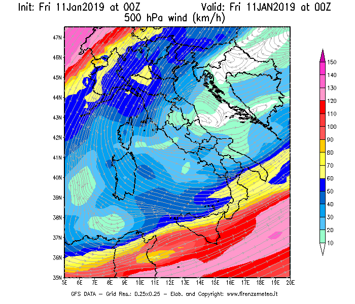 Mappa di analisi GFS - Velocità del vento a 500 hPa [km/h] in Italia
									del 11/01/2019 00 <!--googleoff: index-->UTC<!--googleon: index-->