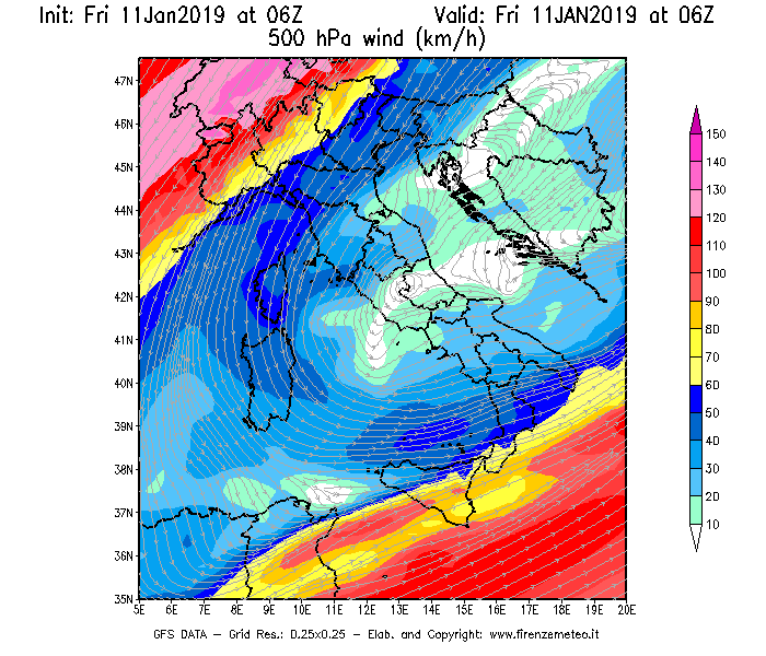 Mappa di analisi GFS - Velocità del vento a 500 hPa [km/h] in Italia
							del 11/01/2019 06 <!--googleoff: index-->UTC<!--googleon: index-->