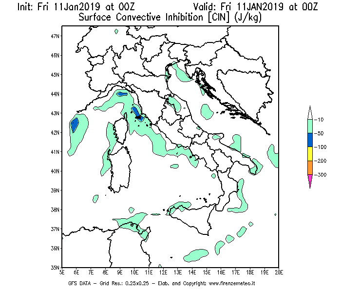 Mappa di analisi GFS - CIN [J/kg] in Italia
							del 11/01/2019 00 <!--googleoff: index-->UTC<!--googleon: index-->