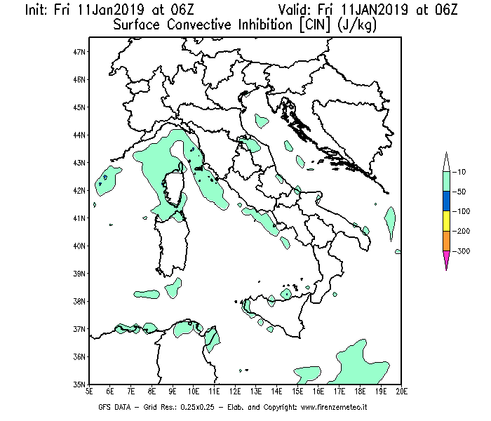 Mappa di analisi GFS - CIN [J/kg] in Italia
							del 11/01/2019 06 <!--googleoff: index-->UTC<!--googleon: index-->