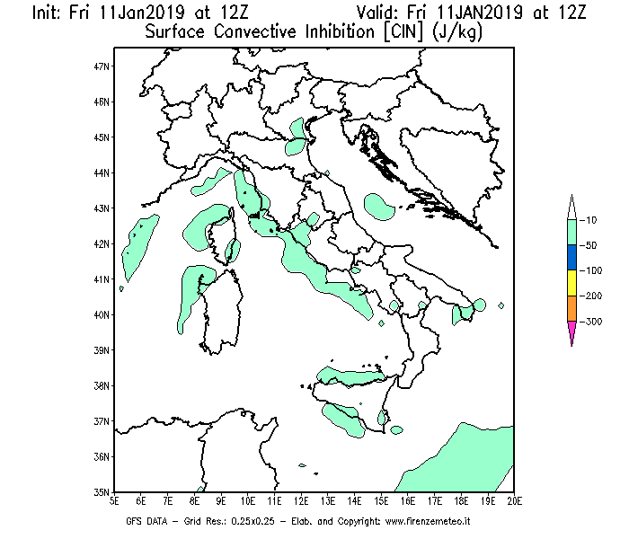 Mappa di analisi GFS - CIN [J/kg] in Italia
							del 11/01/2019 12 <!--googleoff: index-->UTC<!--googleon: index-->