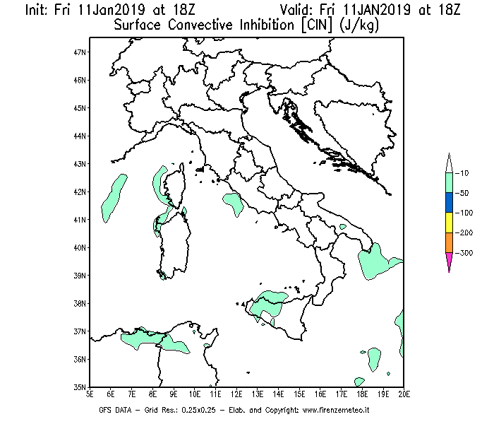 Mappa di analisi GFS - CIN [J/kg] in Italia
							del 11/01/2019 18 <!--googleoff: index-->UTC<!--googleon: index-->