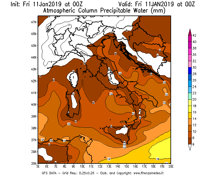 Mappa di analisi GFS - Precipitable Water [mm] in Italia
							del 11/01/2019 00 <!--googleoff: index-->UTC<!--googleon: index-->