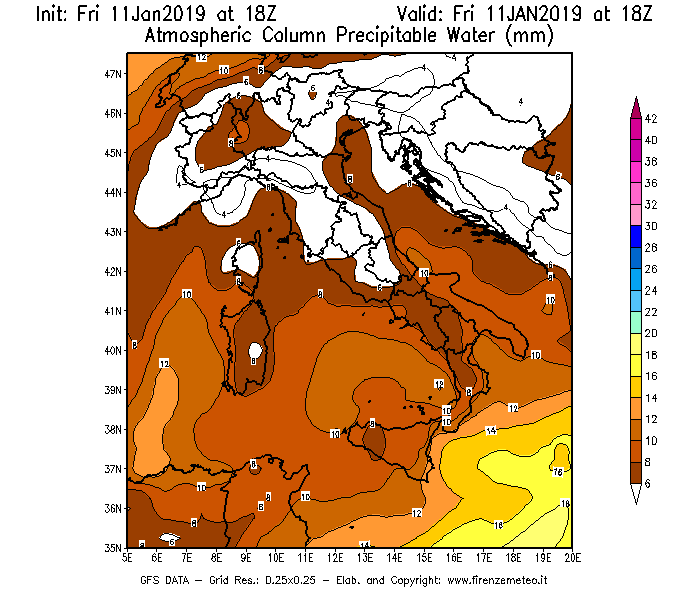 Mappa di analisi GFS - Precipitable Water [mm] in Italia
									del 11/01/2019 18 <!--googleoff: index-->UTC<!--googleon: index-->