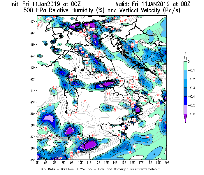 Mappa di analisi GFS - Umidità relativa [%] e Omega [Pa/s] a 500 hPa in Italia
							del 11/01/2019 00 <!--googleoff: index-->UTC<!--googleon: index-->
