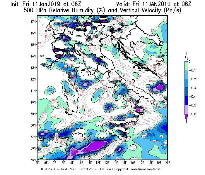 Mappa di analisi GFS - Umidità relativa [%] e Omega [Pa/s] a 500 hPa in Italia
							del 11/01/2019 06 <!--googleoff: index-->UTC<!--googleon: index-->