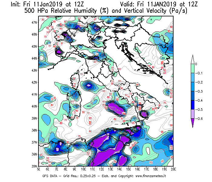 Mappa di analisi GFS - Umidità relativa [%] e Omega [Pa/s] a 500 hPa in Italia
									del 11/01/2019 12 <!--googleoff: index-->UTC<!--googleon: index-->