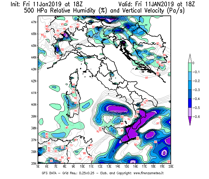 Mappa di analisi GFS - Umidità relativa [%] e Omega [Pa/s] a 500 hPa in Italia
							del 11/01/2019 18 <!--googleoff: index-->UTC<!--googleon: index-->