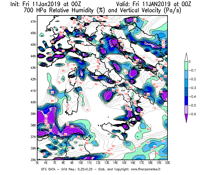 Mappa di analisi GFS - Umidità relativa [%] e Omega [Pa/s] a 700 hPa in Italia
							del 11/01/2019 00 <!--googleoff: index-->UTC<!--googleon: index-->