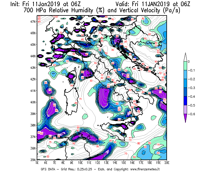 Mappa di analisi GFS - Umidità relativa [%] e Omega [Pa/s] a 700 hPa in Italia
									del 11/01/2019 06 <!--googleoff: index-->UTC<!--googleon: index-->