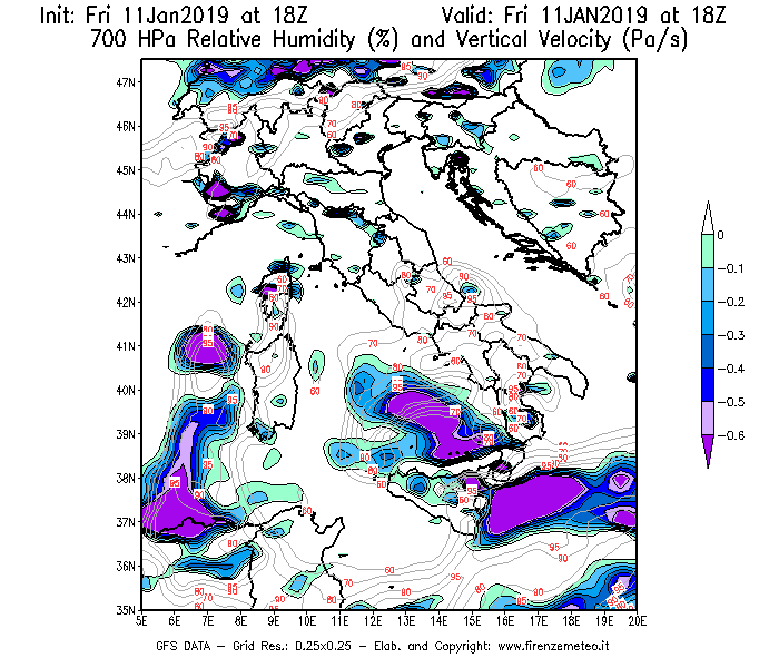 Mappa di analisi GFS - Umidità relativa [%] e Omega [Pa/s] a 700 hPa in Italia
									del 11/01/2019 18 <!--googleoff: index-->UTC<!--googleon: index-->