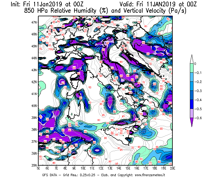 Mappa di analisi GFS - Umidità relativa [%] e Omega [Pa/s] a 850 hPa in Italia
							del 11/01/2019 00 <!--googleoff: index-->UTC<!--googleon: index-->