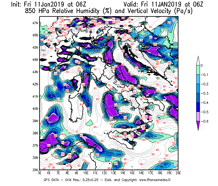 Mappa di analisi GFS - Umidità relativa [%] e Omega [Pa/s] a 850 hPa in Italia
							del 11/01/2019 06 <!--googleoff: index-->UTC<!--googleon: index-->