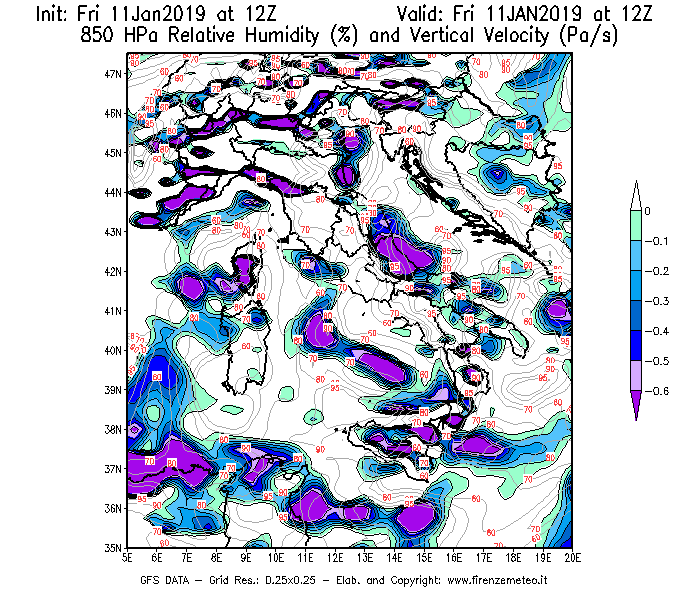 Mappa di analisi GFS - Umidità relativa [%] e Omega [Pa/s] a 850 hPa in Italia
							del 11/01/2019 12 <!--googleoff: index-->UTC<!--googleon: index-->