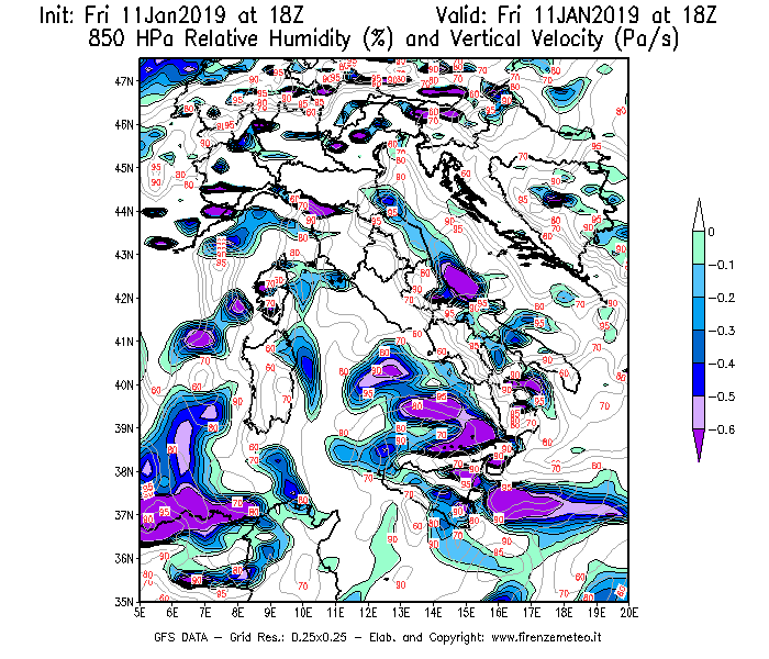 Mappa di analisi GFS - Umidità relativa [%] e Omega [Pa/s] a 850 hPa in Italia
							del 11/01/2019 18 <!--googleoff: index-->UTC<!--googleon: index-->