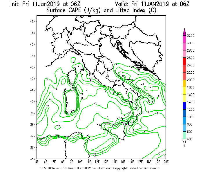 Mappa di analisi GFS - CAPE [J/kg] e Lifted Index [°C] in Italia
									del 11/01/2019 06 <!--googleoff: index-->UTC<!--googleon: index-->