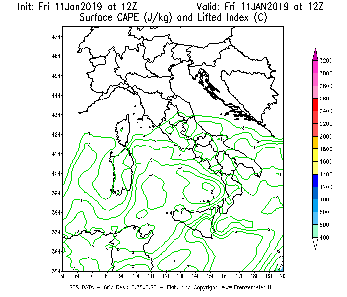 Mappa di analisi GFS - CAPE [J/kg] e Lifted Index [°C] in Italia
							del 11/01/2019 12 <!--googleoff: index-->UTC<!--googleon: index-->