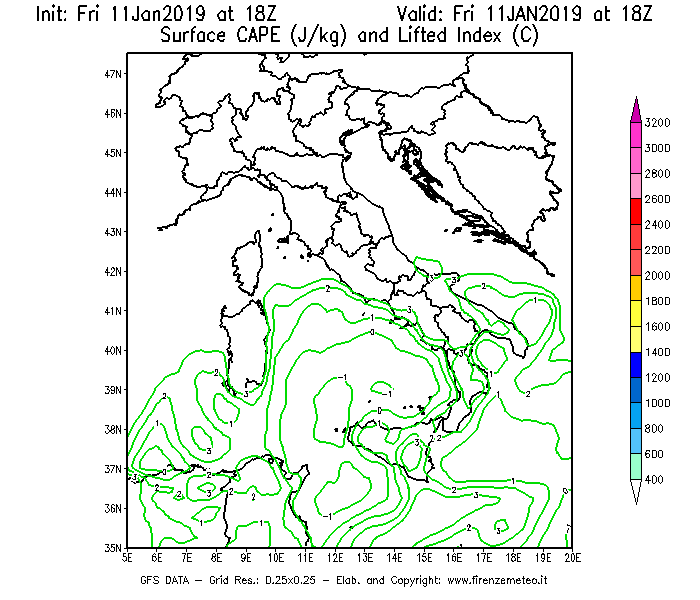 Mappa di analisi GFS - CAPE [J/kg] e Lifted Index [°C] in Italia
									del 11/01/2019 18 <!--googleoff: index-->UTC<!--googleon: index-->