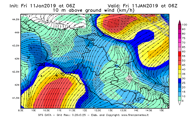 Mappa di analisi GFS - Velocità del vento a 10 metri dal suolo [km/h] in Centro-Italia
							del 11/01/2019 06 <!--googleoff: index-->UTC<!--googleon: index-->