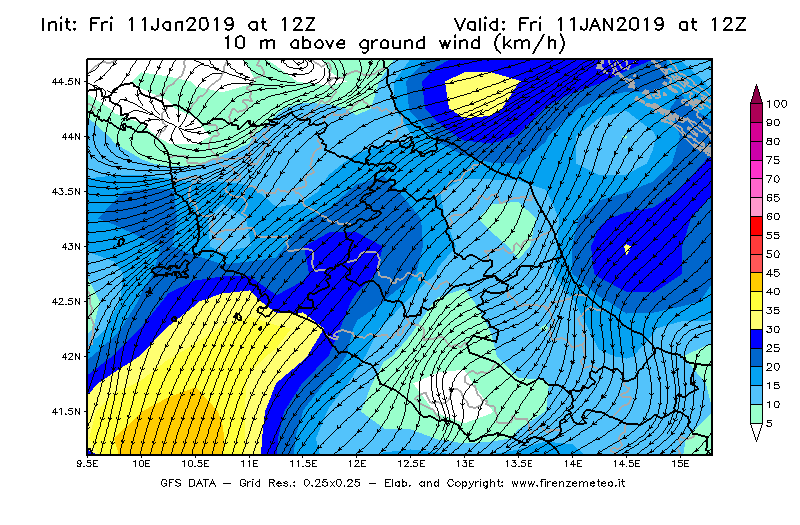 Mappa di analisi GFS - Velocità del vento a 10 metri dal suolo [km/h] in Centro-Italia
							del 11/01/2019 12 <!--googleoff: index-->UTC<!--googleon: index-->