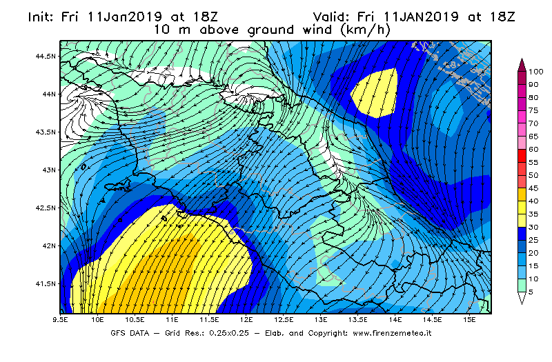 Mappa di analisi GFS - Velocità del vento a 10 metri dal suolo [km/h] in Centro-Italia
									del 11/01/2019 18 <!--googleoff: index-->UTC<!--googleon: index-->