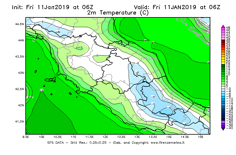 Mappa di analisi GFS - Temperatura a 2 metri dal suolo [°C] in Centro-Italia
									del 11/01/2019 06 <!--googleoff: index-->UTC<!--googleon: index-->